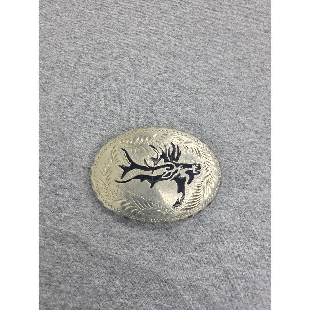 Vintage Handmade Wil-Aren Deer Caribou Onyx Black Inlay Belt Buckle Hunting